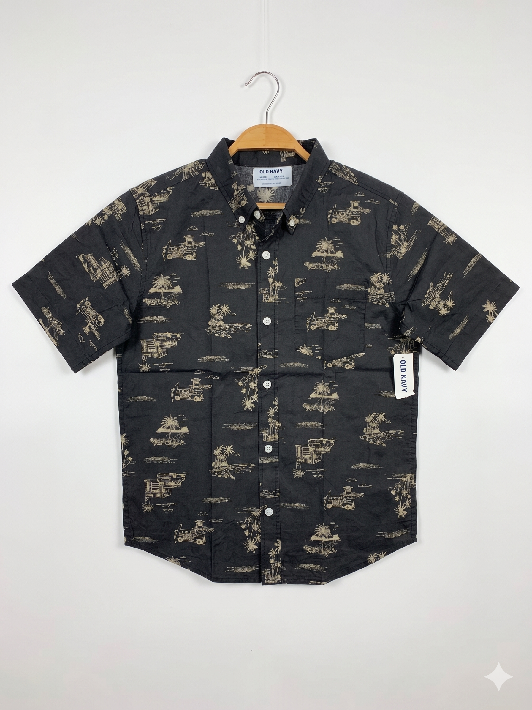 Old Navy Boys Charcoal Grey "Surf Shop & Tropical" Graphic Short Sleeve Shirt - Size Estimated Age 10-12Y AB1