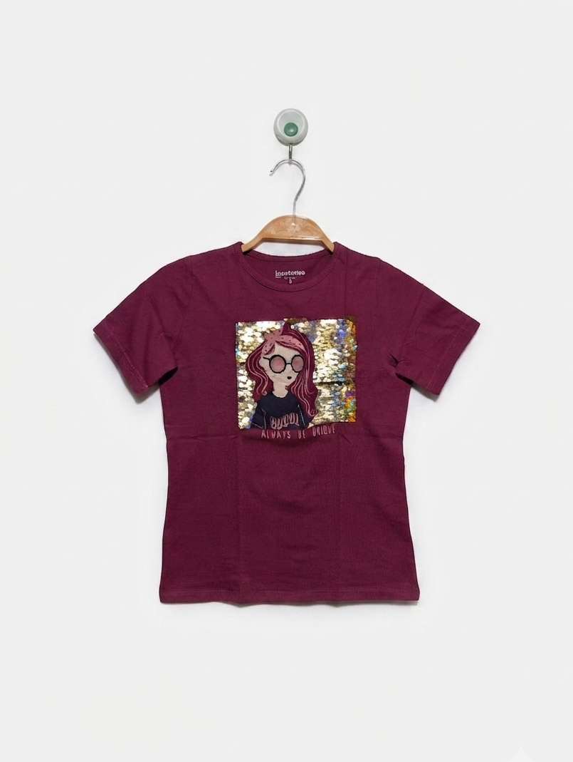 Inextenso Girls Maroon "Always Be Unique" Sequin Graphic Tee - Size 8 Years (Estimated Age 8 Years) AB2