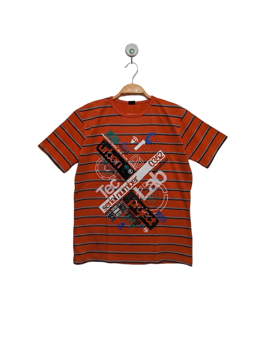 Y.E.K. Boys Orange Graphic Striped Short Sleeve Tee - Size 158/164 (Estimated Age 13-15) AB1