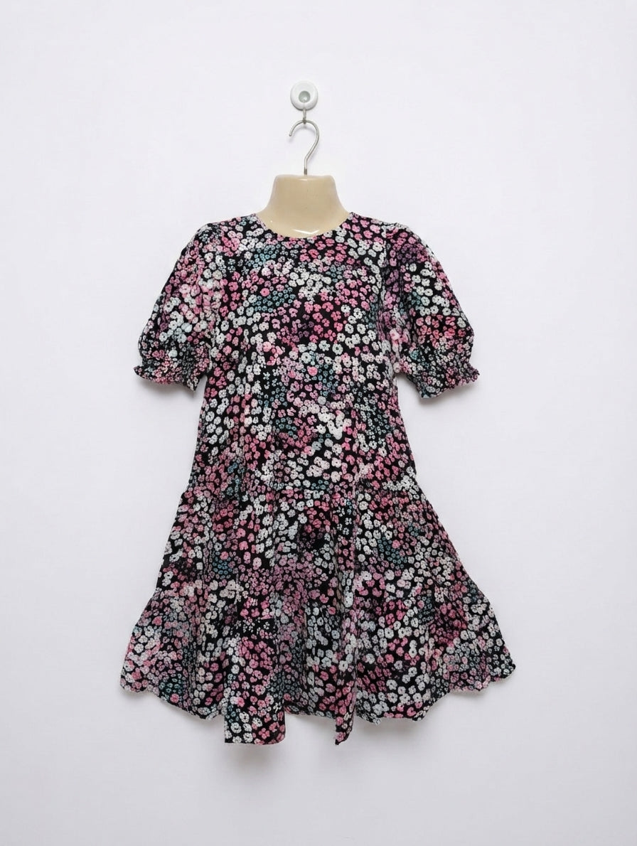 George Girls Black Floral Print Tiered Puff Sleeve Dress - Size 9-10 Years Estimated Age 9-10 Years AB2