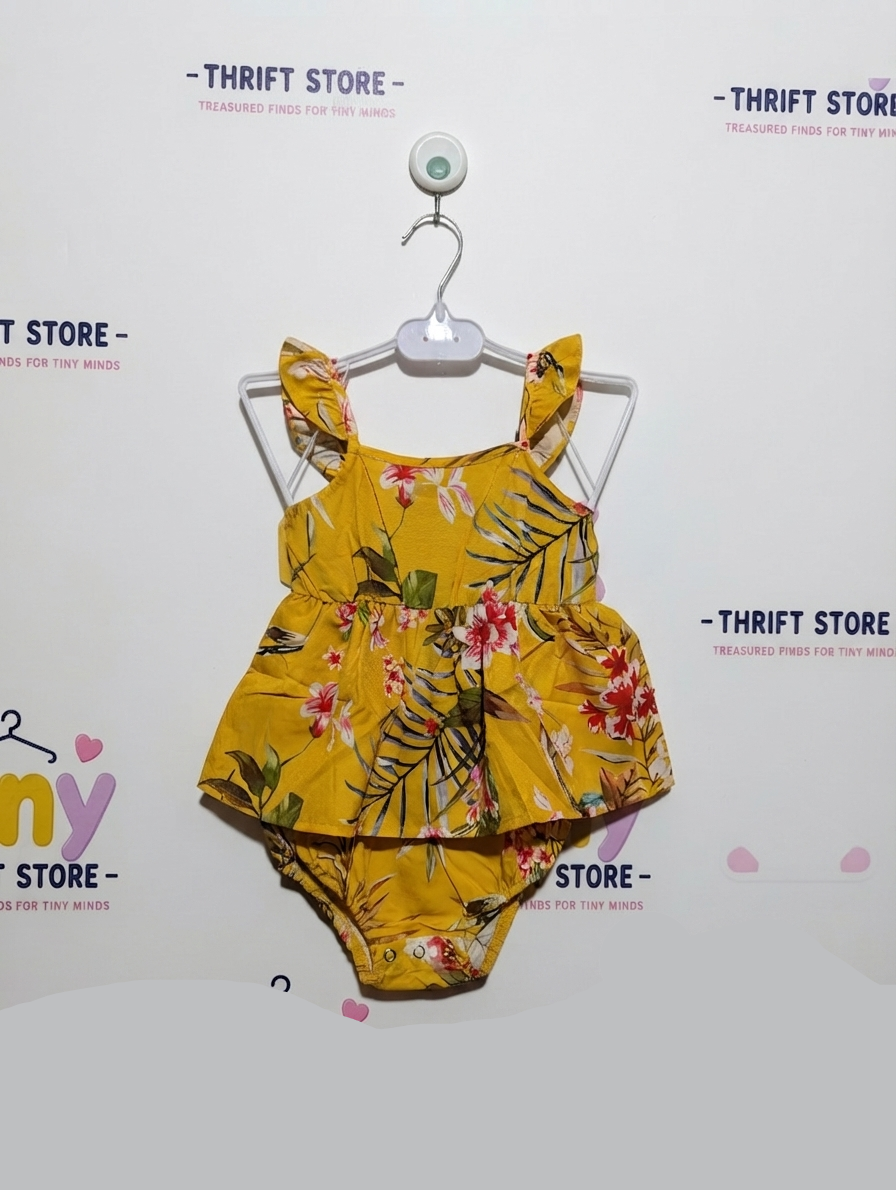PatPat Girls Yellow Tropical Floral Ruffle Bodysuit Romper - Size Estimated Age 12-18 Months AB2