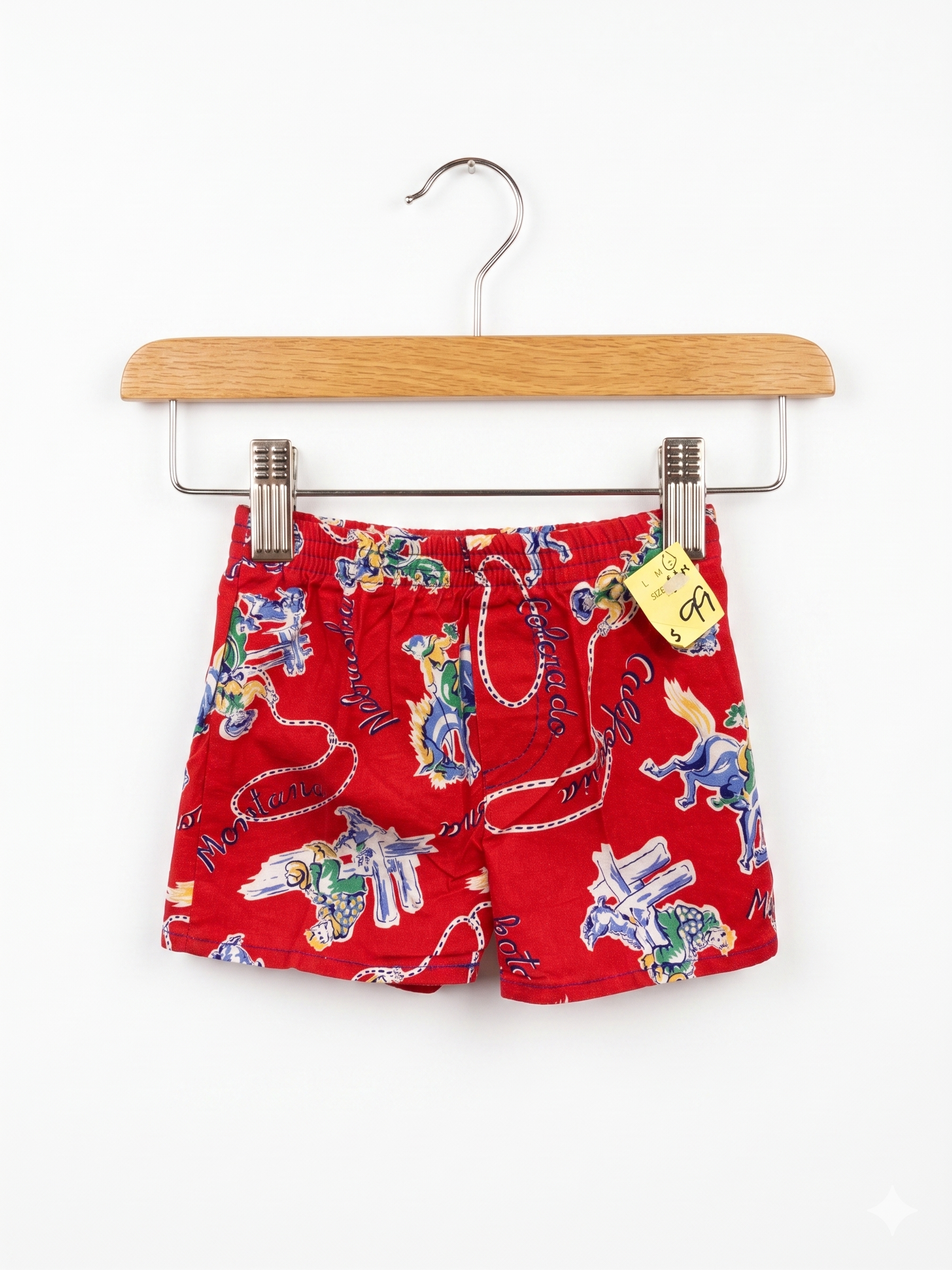 Infant boys' red cotton shorts by Icky Baby featuring a vintage western cowboy and state map print.