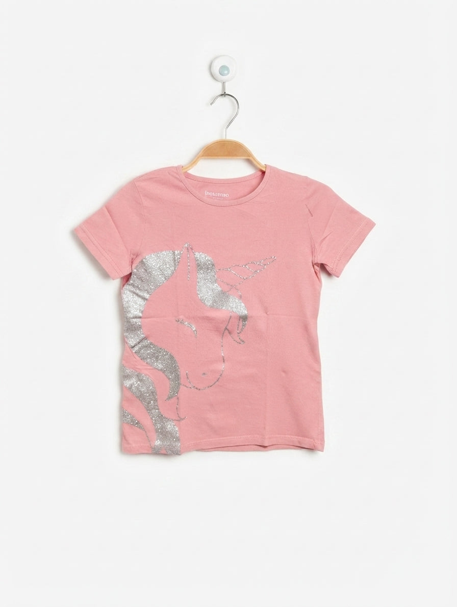 Inextenso Girls Pink Glitter Unicorn Graphic Short Sleeve Tee - Size 8 (119-131 CM) Estimated Age 8 Years AB2