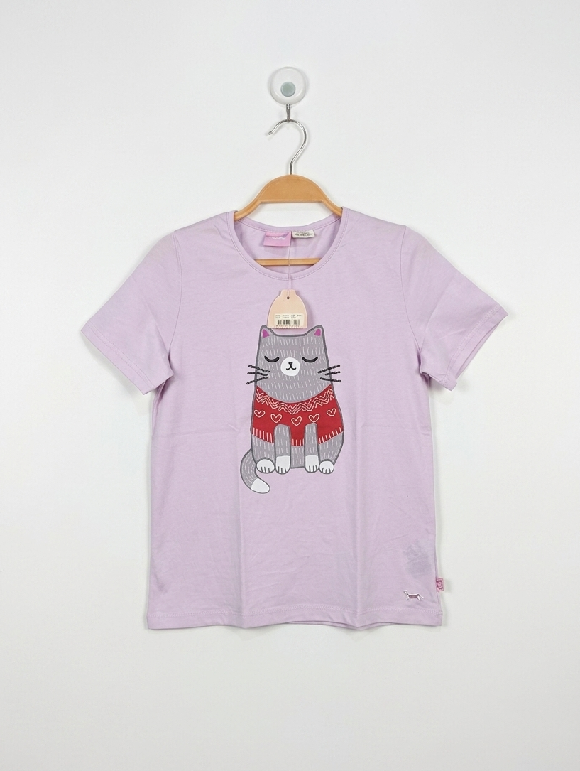 Peter Alexander Girls Pastel Pink "Cat Graphic" Short Sleeve Tee - Size Estimated Age 12 Years AB2