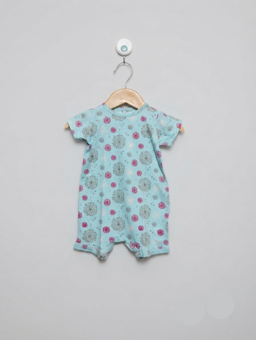 Little One Baby Girls Mint Green & Pink Floral Dandelion Print Romper - Size Estimated Age 0-3 Months AB2