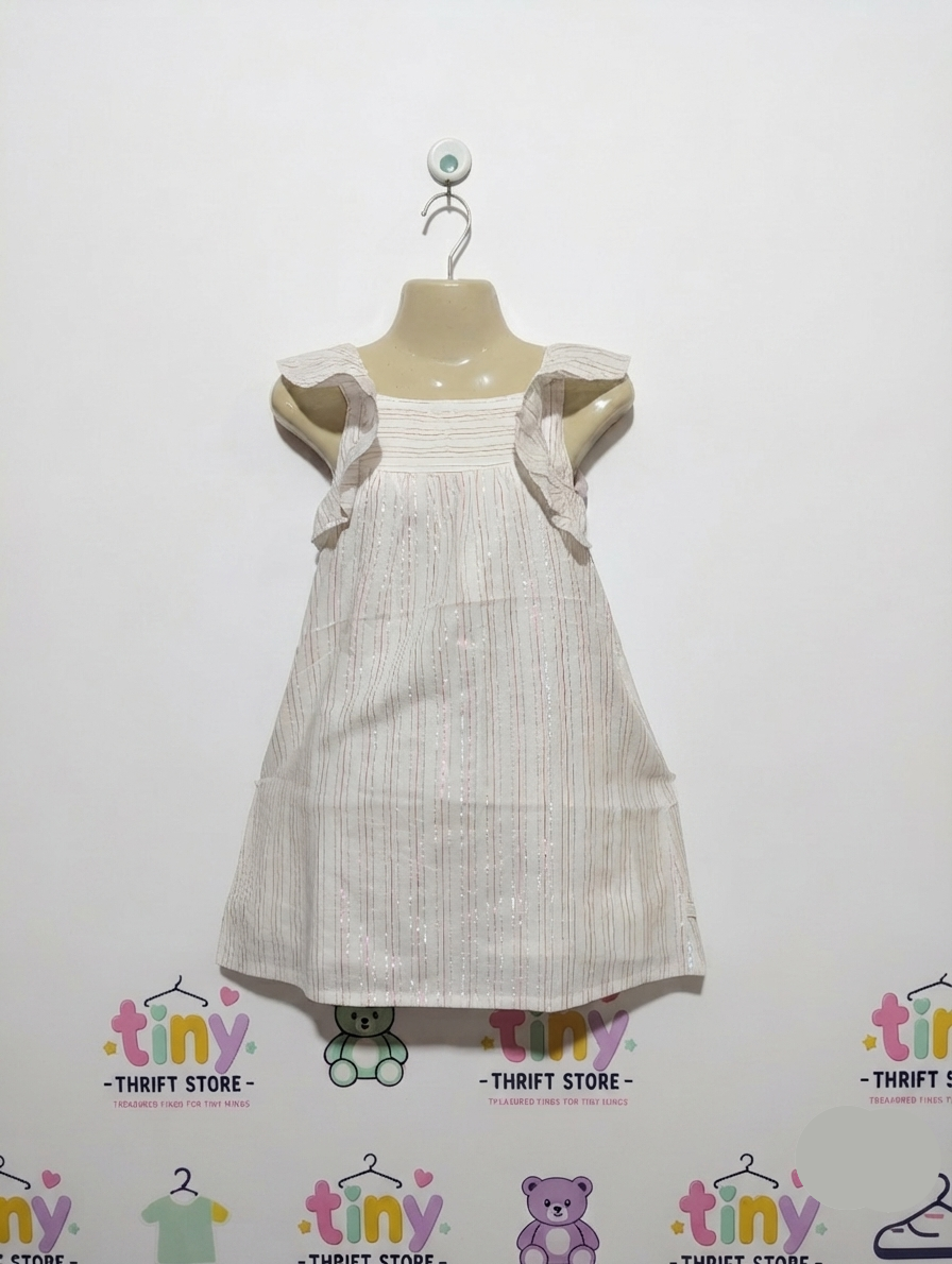 La Compagnie Des Petits Girls Off-White Metallic Striped Ruffle Dress - Size Estimated Age 8 Years AB2