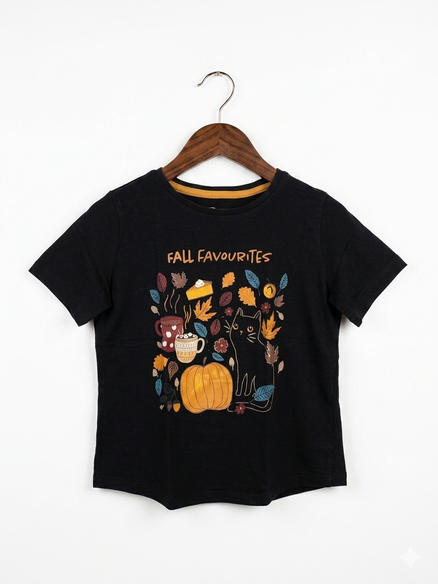 Little Kids "Fall Favourites" Black Graphic T-Shirt - Size 4-5 Years AB1