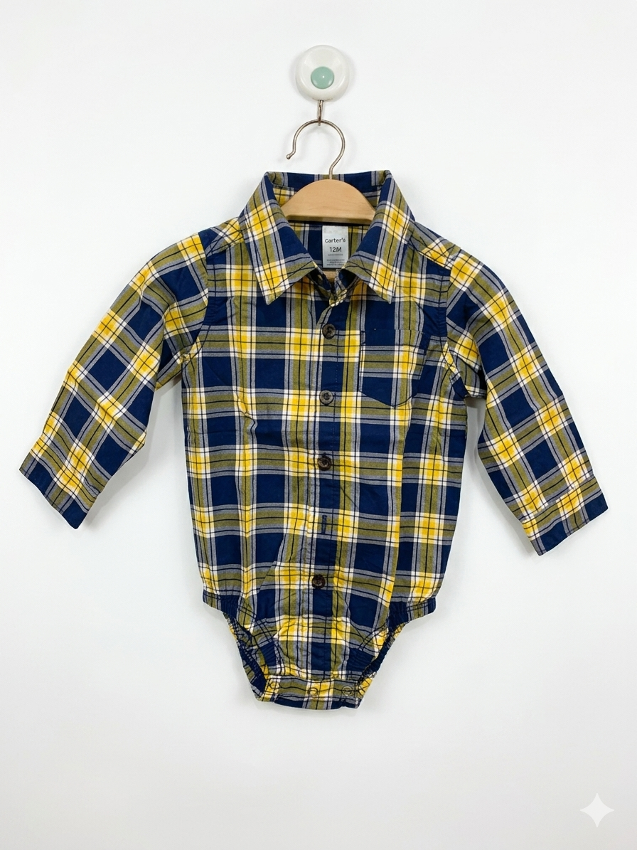 Carter's Baby Boy Blue and Yellow Plaid Long Sleeve Button-Down Bodysuit Size: 12 Months AB1