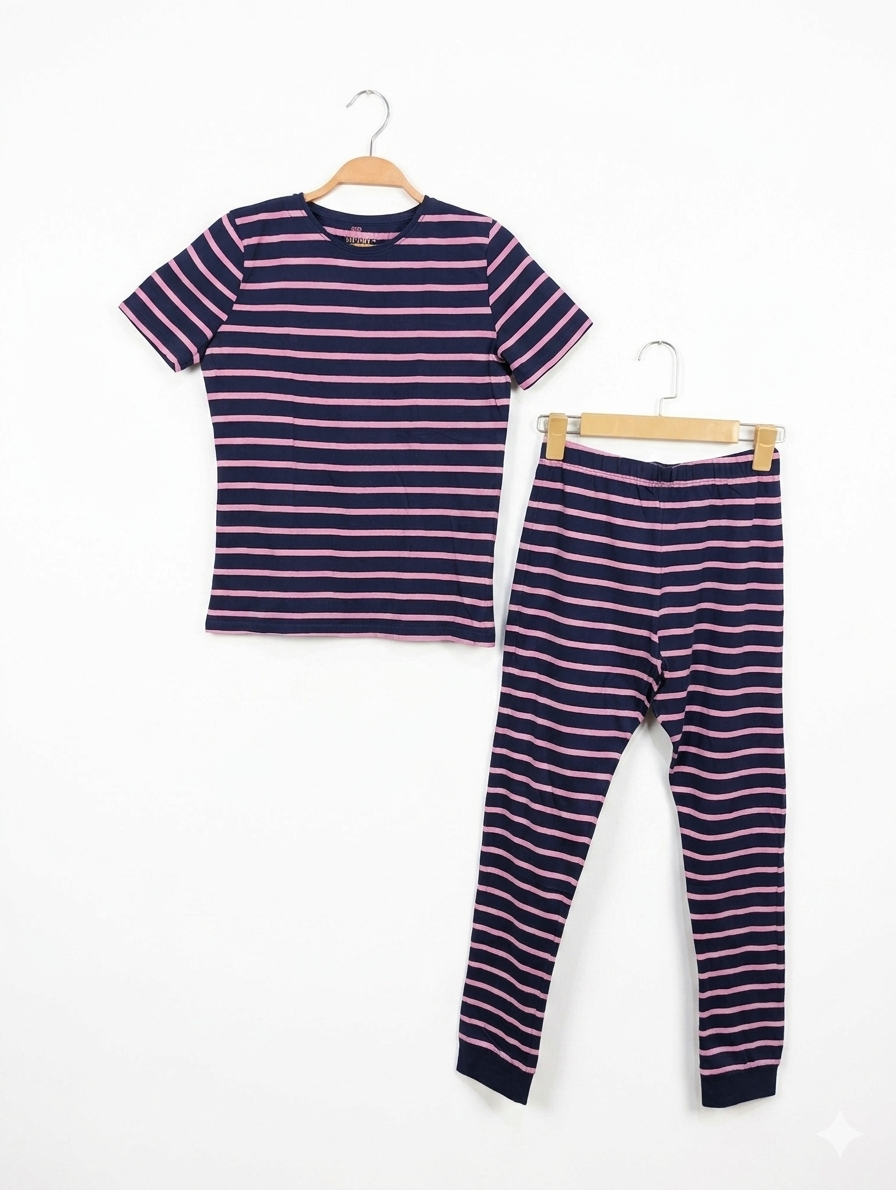 F&F Girls Navy & Pink Striped "Sleep Dream Wish" Lounge Set - Size 11-12 Years AB1