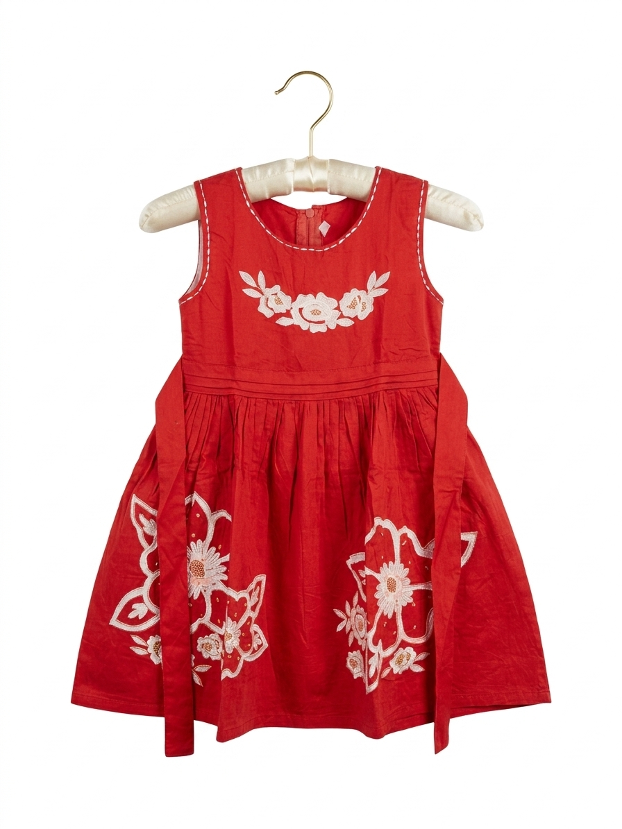 Girls' Terracotta Red Floral Embroidered Party Dress - Size 3-4 Years AB1