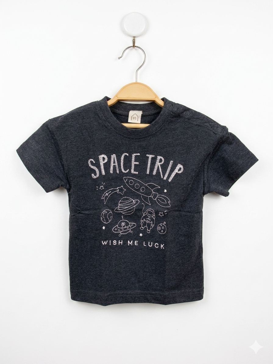 Space Trip Astronaut Graphic Charcoal Grey T-Shirt - Size 95 AB1