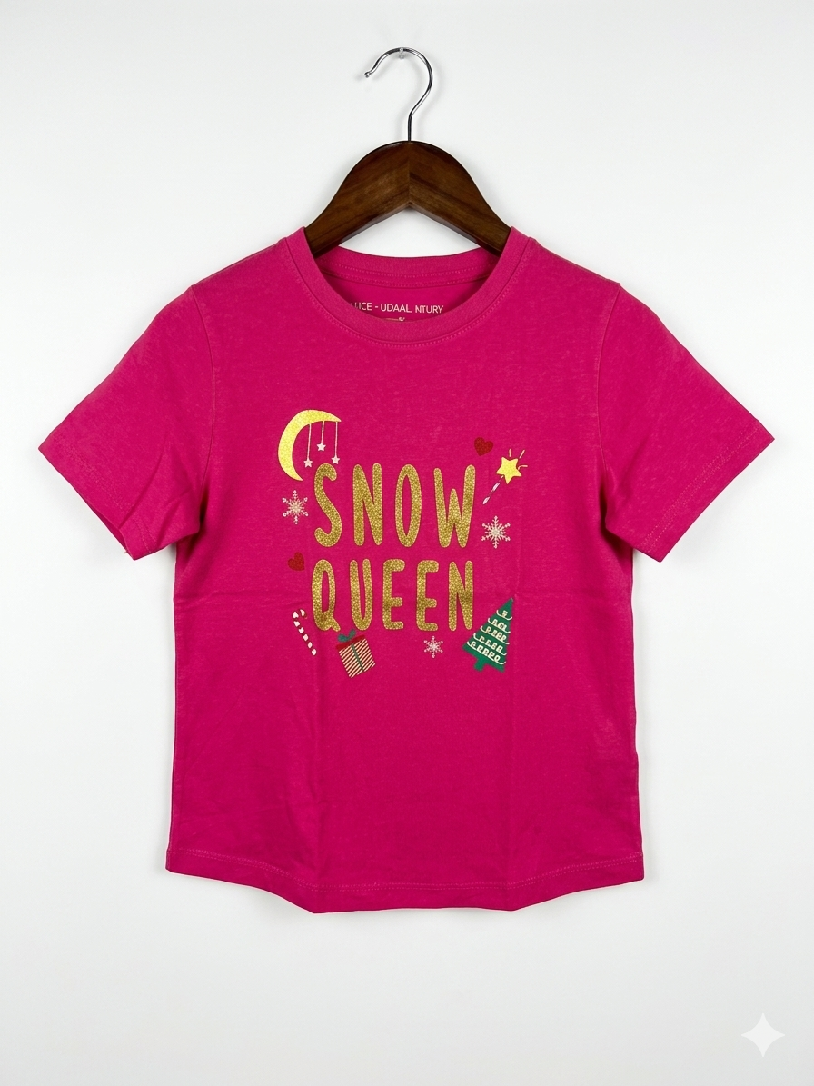 V by Very Girls' Fuchsia "Snow Queen" Glitter Graphic T-Shirt - Size 6-7 Years AB1