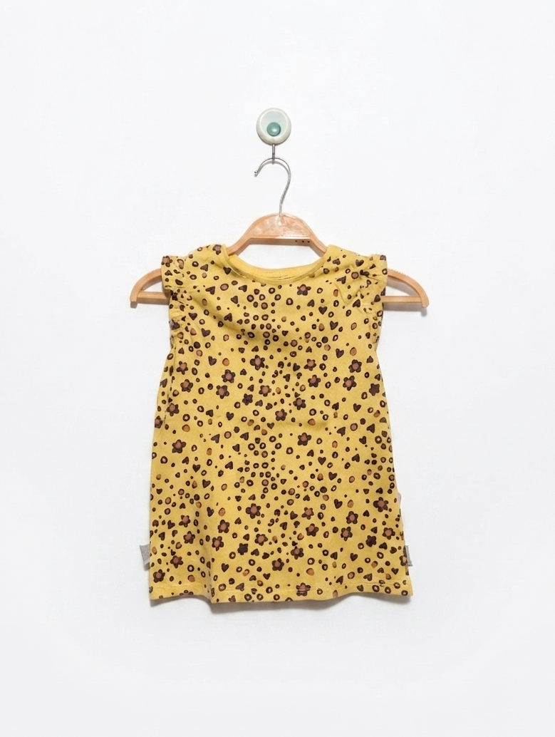 Little Kids Girls Mustard Yellow Floral & Heart Print Ruffle Tee - Size 128 cm (Estimated Age 7-8 Years) AB2