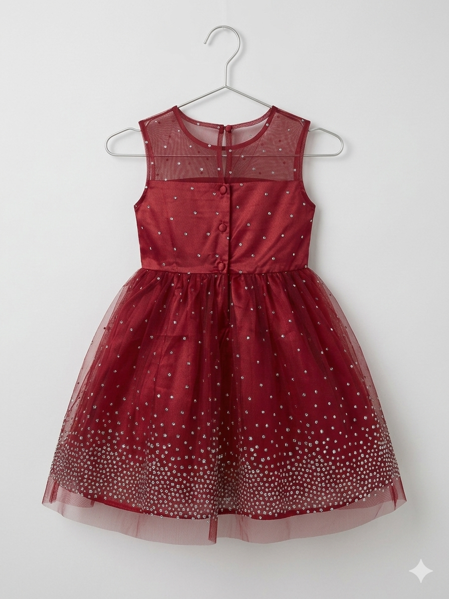 Jona Michelle Girls Maroon Shimmer Mesh Holiday Party Dress - Size Estimated Age 8 Years AB1