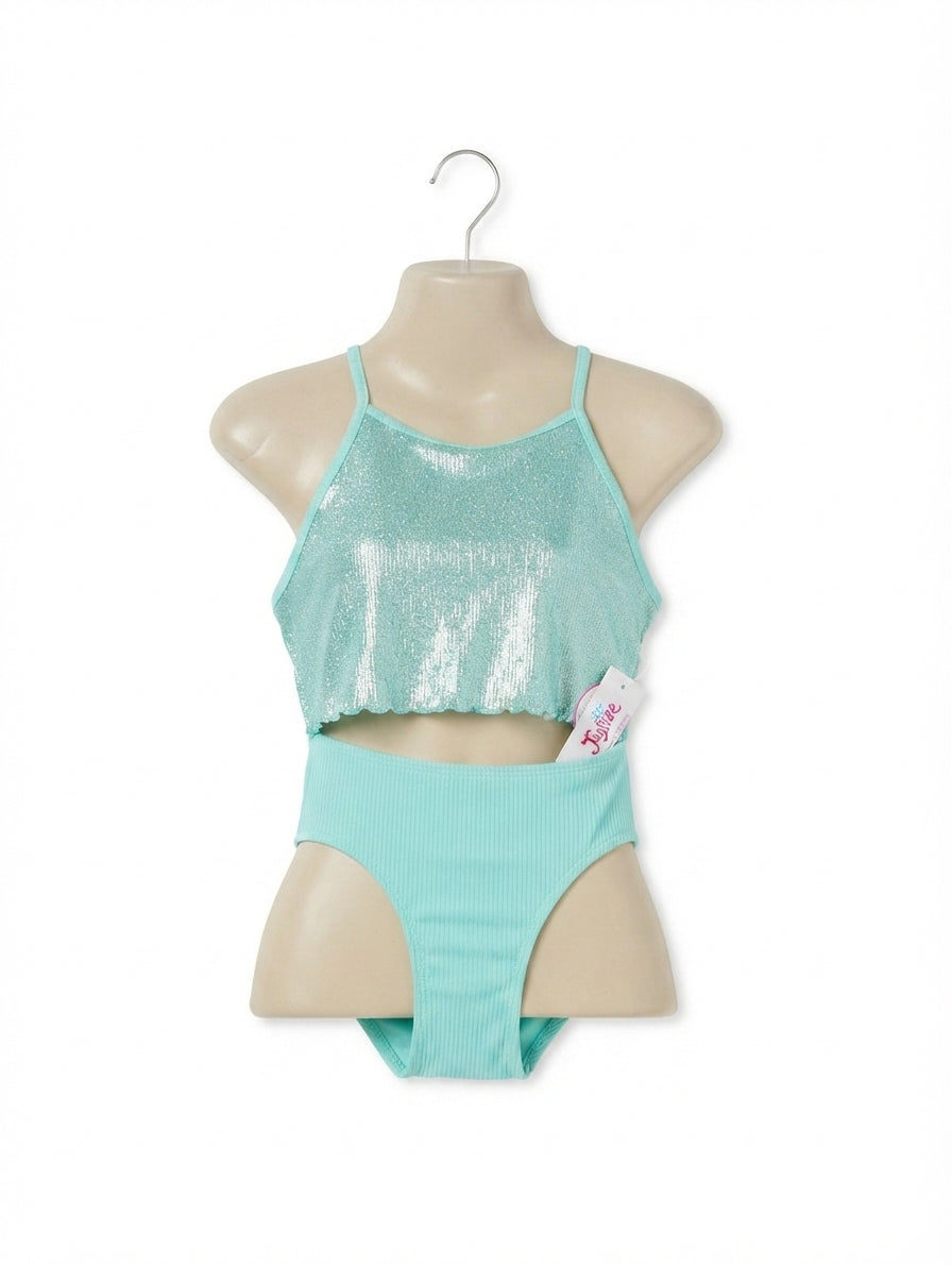 Justice Girls Mint Green Shimmery Halter Bikini Swimsuit - Size 10 Estimated Age 9-10 Years AB2