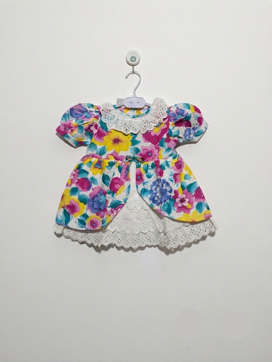Vintage Style Girls Multicolor Floral Print Puff Sleeve Dress - Size Estimated Age 6 Months AB2