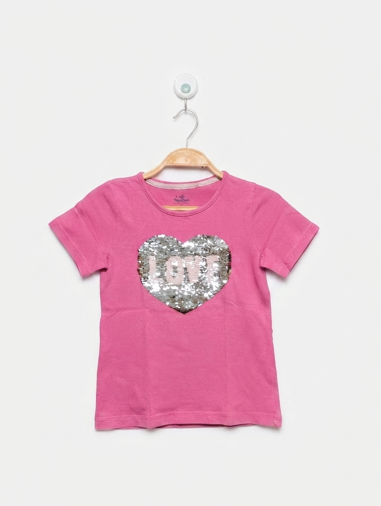 Topolino Girls Pink "LOVE" Sequin Graphic Tee - Size 122 (Estimated Age 6-7 Years) AB2