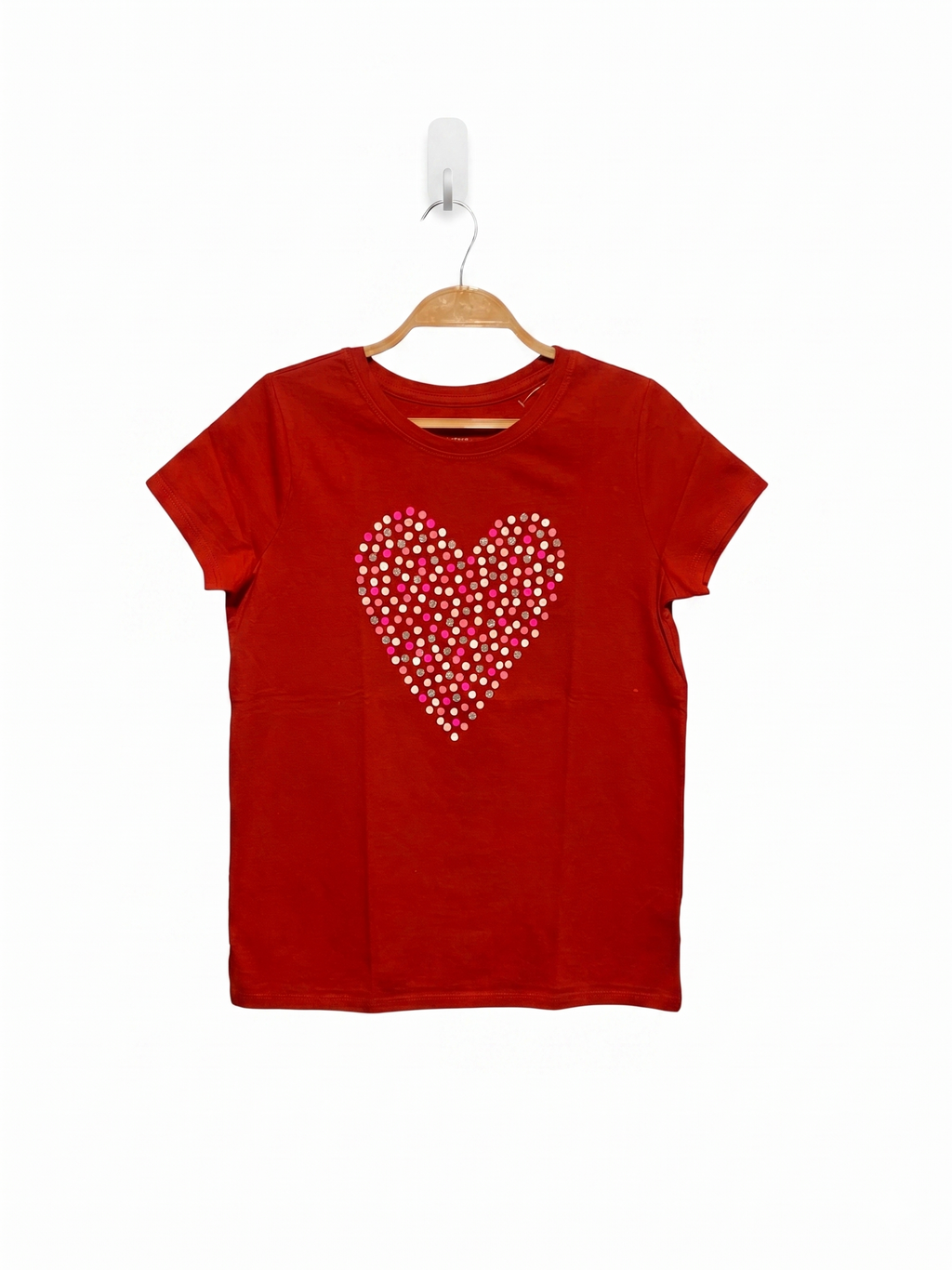 Cat & Jack Girls Crimson Red Polka Dot Studded Heart Short Sleeve Tee - Size Estimated Age 10–12 Years AB1