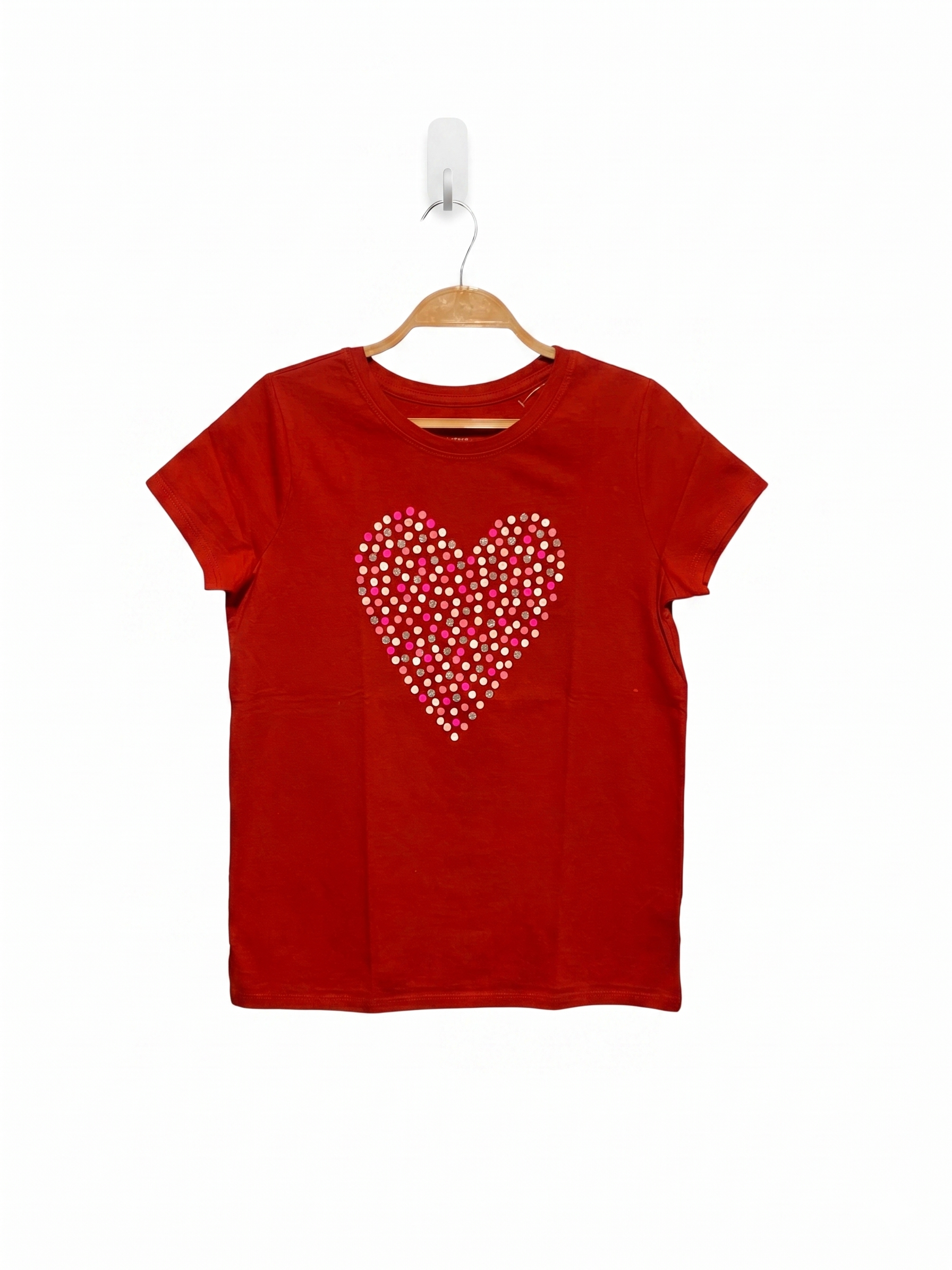 Cat & Jack Girls Crimson Red Polka Dot Studded Heart Short Sleeve Tee - Size Estimated Age 10–12 Years AB1
