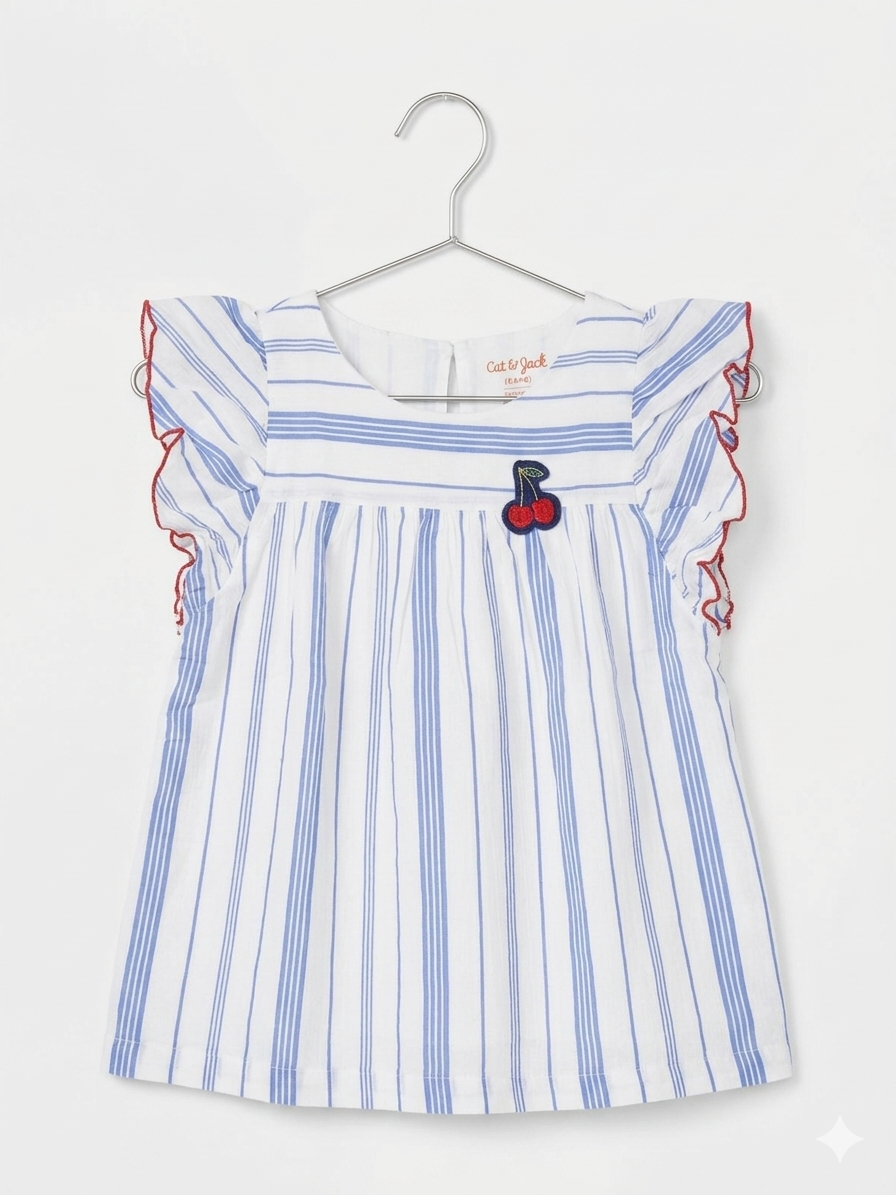 Cat & Jack Girls' Blue Striped Flutter Sleeve Top - Size 6/6X AB1