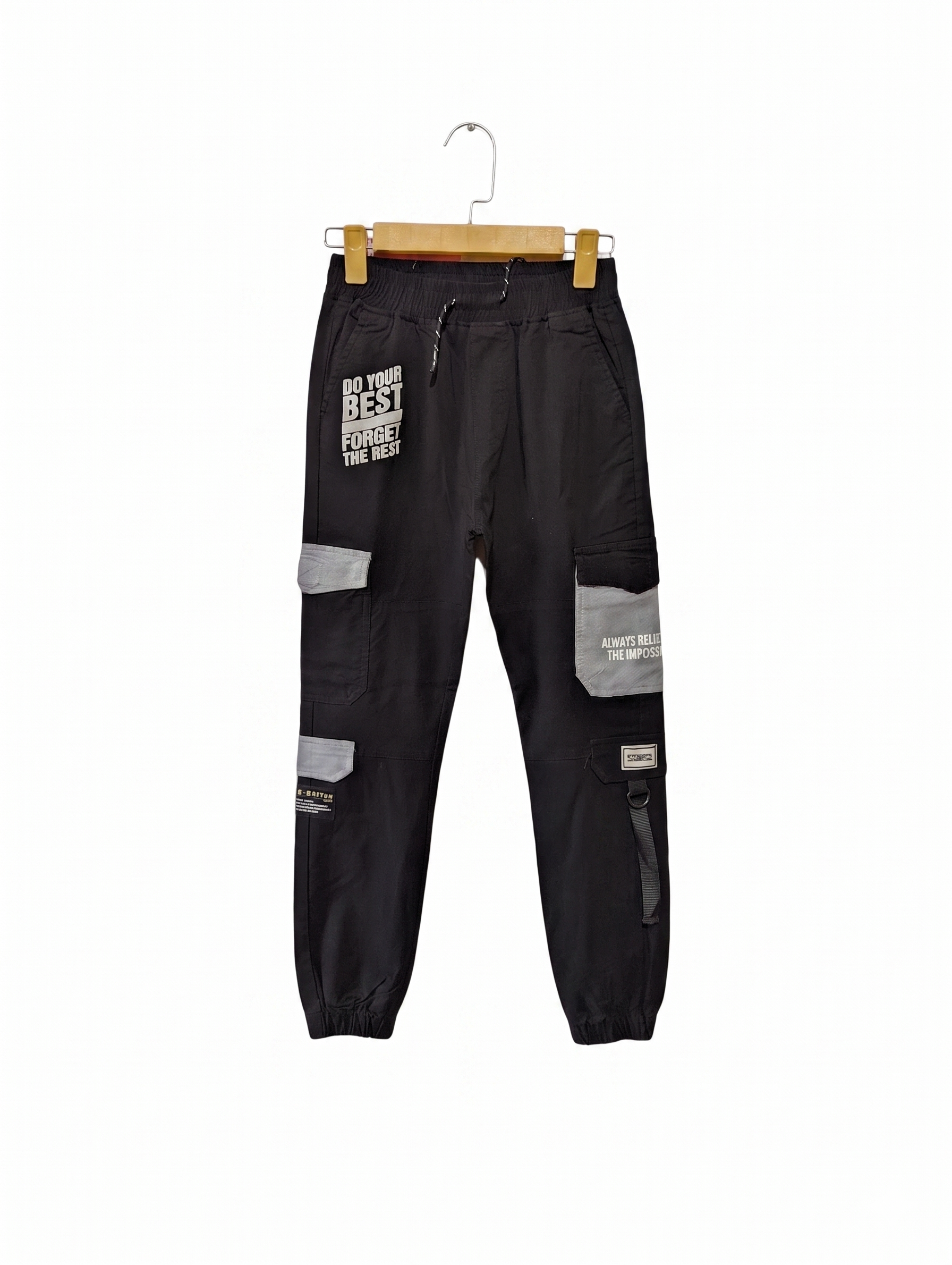 Retro Stitch Boys Black Graphic Print Multi-Pocket Cargo Joggers - Size Estimated Age 14 Years AB1