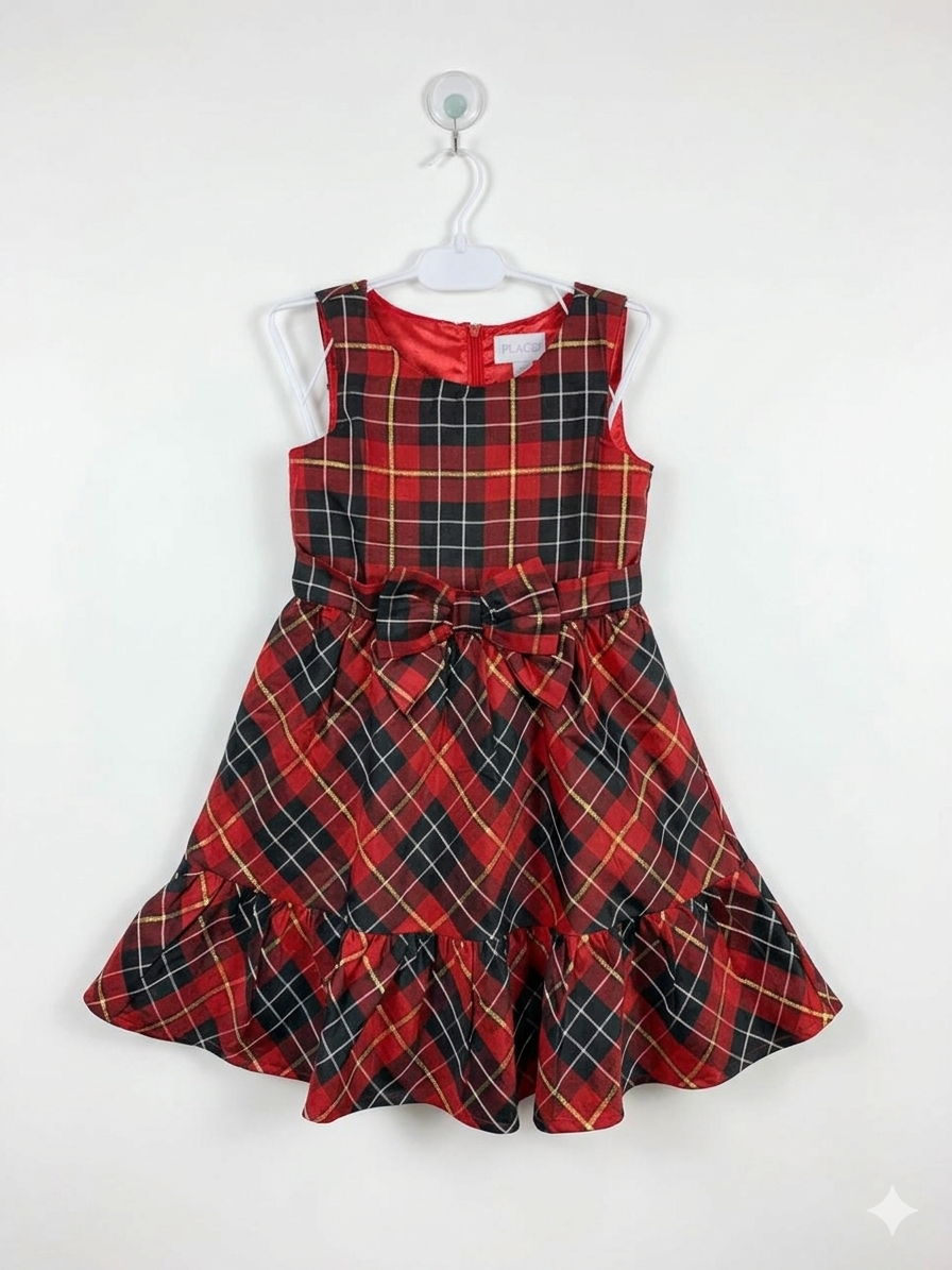 The Children's Place Girls Red Plaid Metallic Holiday Dress - Size Estimated Age 6–7 Years AB1