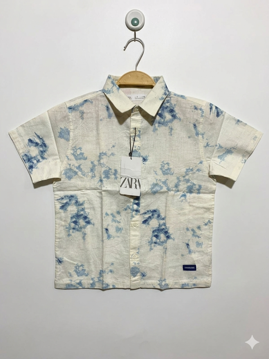 Zara Boys Off-White & Blue Tie-Dye Effect Linen Blend Shirt - Size 7 (Age 7yrs) AB1