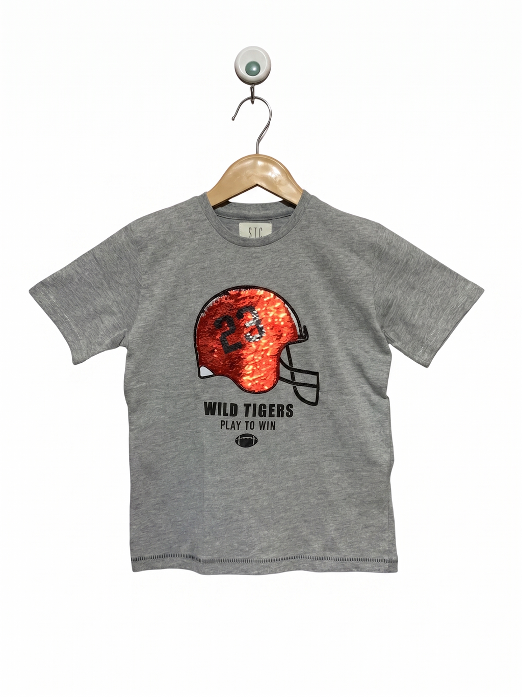 STC Denim Co. Boys Heather Grey "Wild Tigers" Sequin Helmet Graphic Tee - Size Estimated Age 6-7 Years AB1