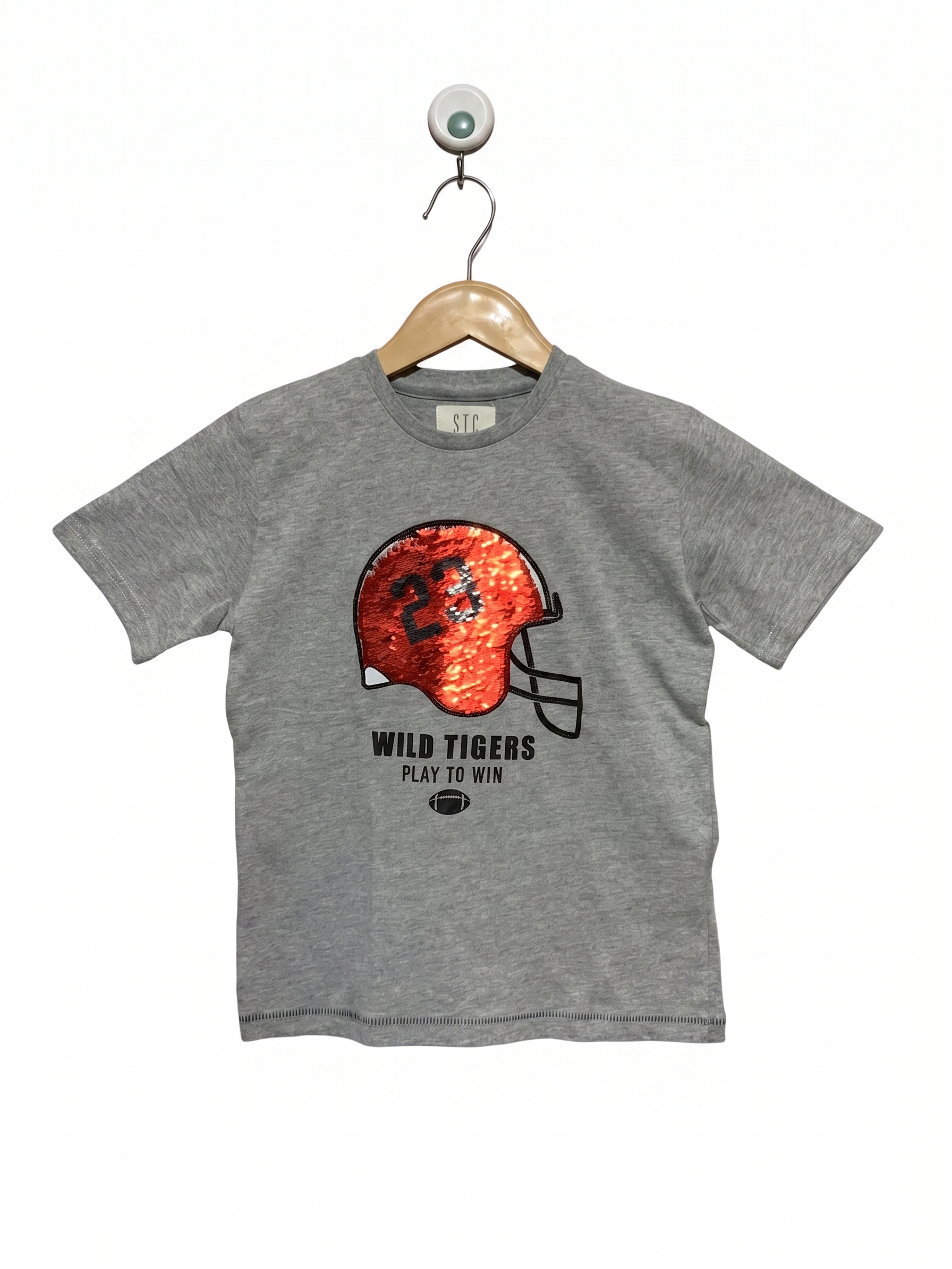 STC Denim Co. Boys Heather Grey "Wild Tigers" Sequin Helmet Graphic Tee - Size Estimated Age 6-7 Years AB1