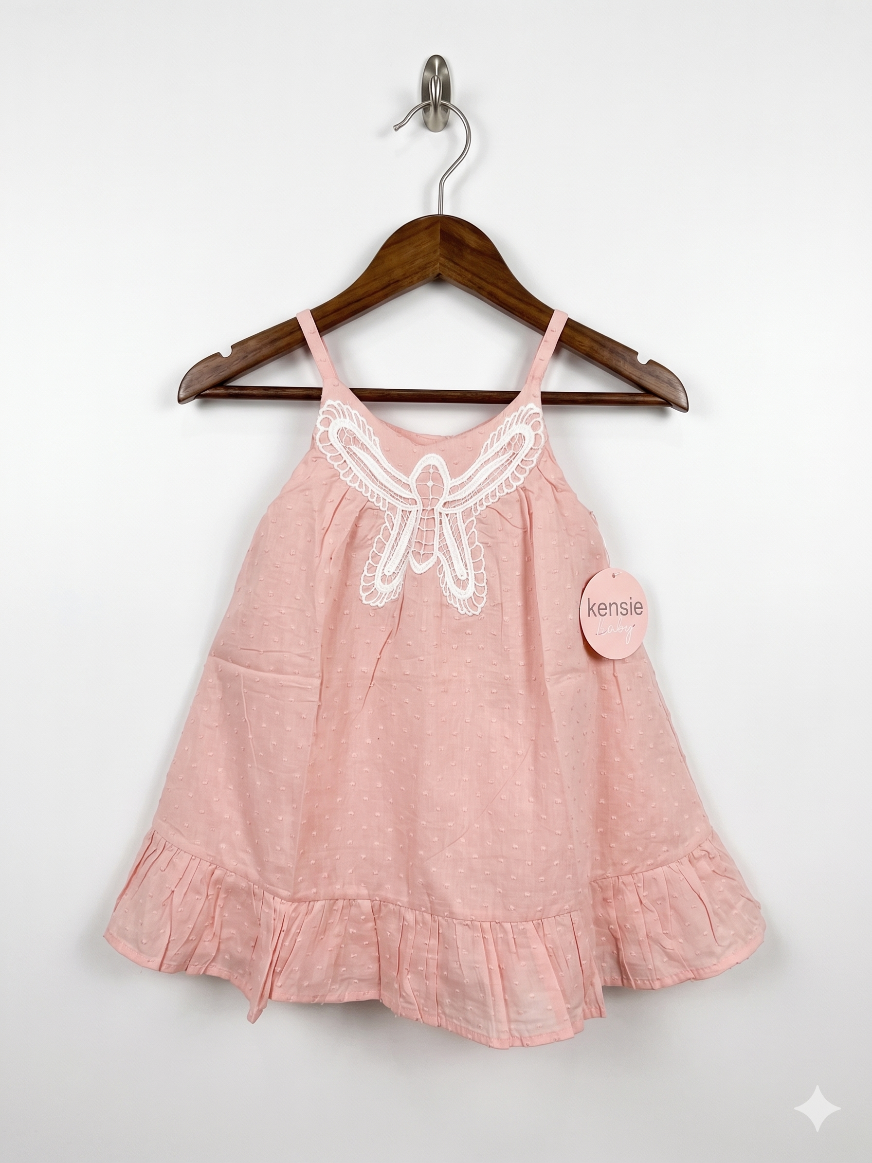 Kensie Baby Peach Swiss Dot Sleeveless Dress with Lace Butterfly Detail - Size 18 Months (1 to 1.5 Years) - AB1