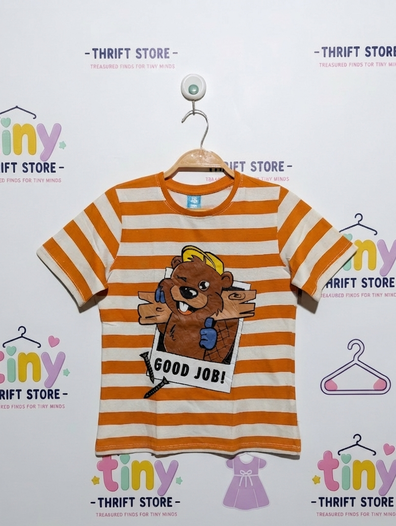 Little Kids Boys Orange and White Striped "Good Job!" Graphic Tee - Size Estimated Age 8-9 Years AB2