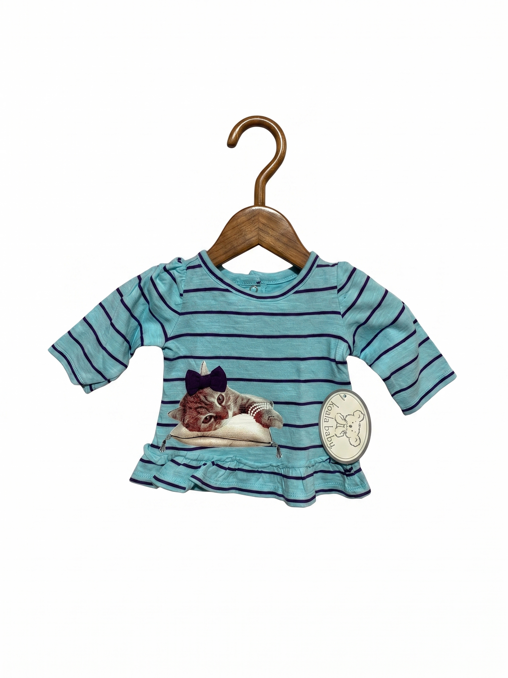 Koala Baby Newborn Striped Ruffle Hem Top with Kitten Graphic - Turquoise AB1