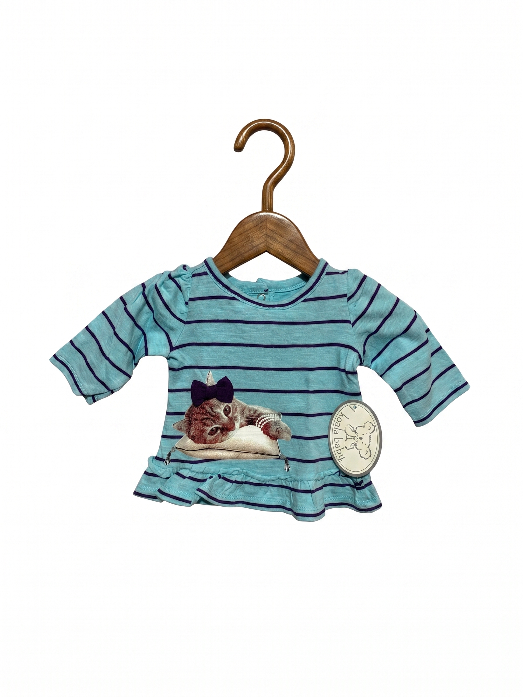 Koala Baby Newborn Striped Ruffle Hem Top with Kitten Graphic - Turquoise AB1