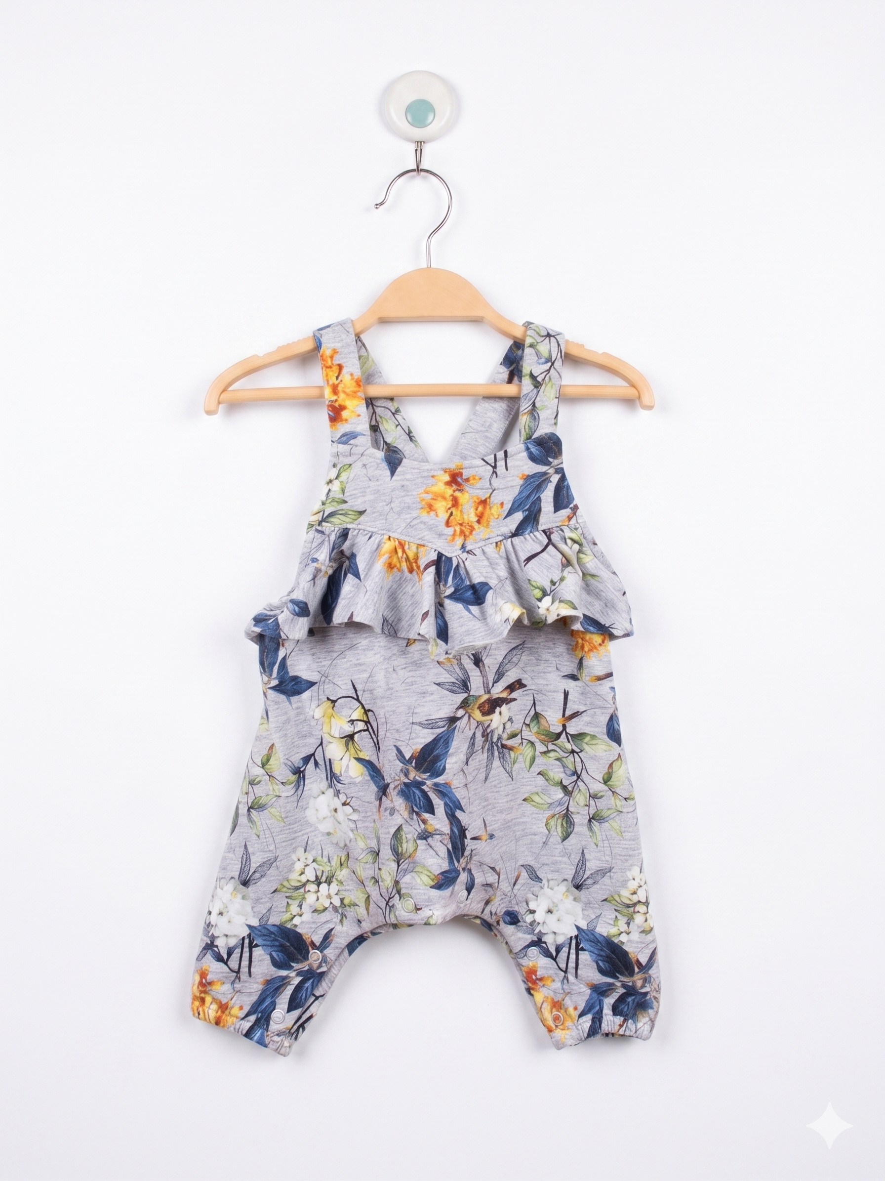 Title: Next Baby Girls Floral Ruffle Romper – Grey Botanical Print Dungarees (3-6 Months) AB1