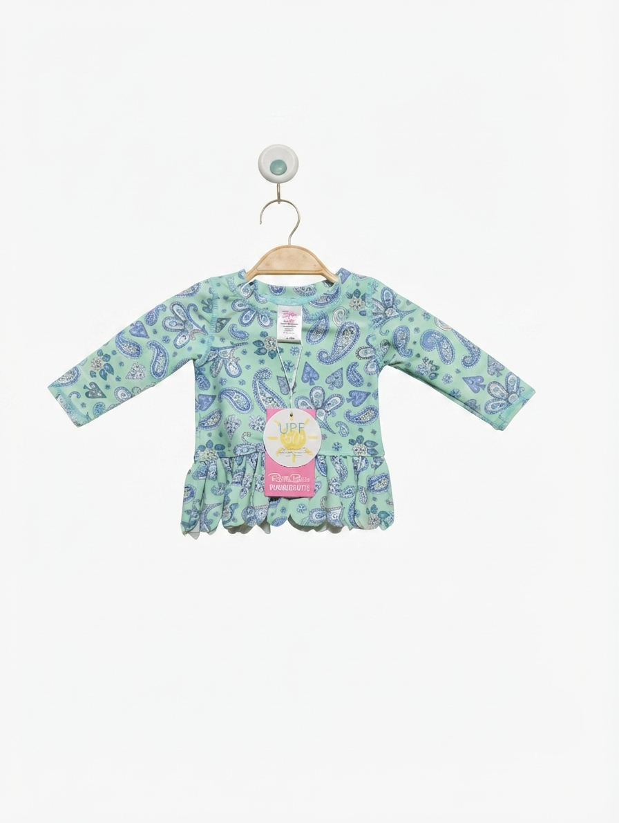 RuffleButts Baby Girls Sea Glass "Sea Glass Paisley" Long Sleeve Rash Guard - Size Estimated Age 3-6 Months AB2