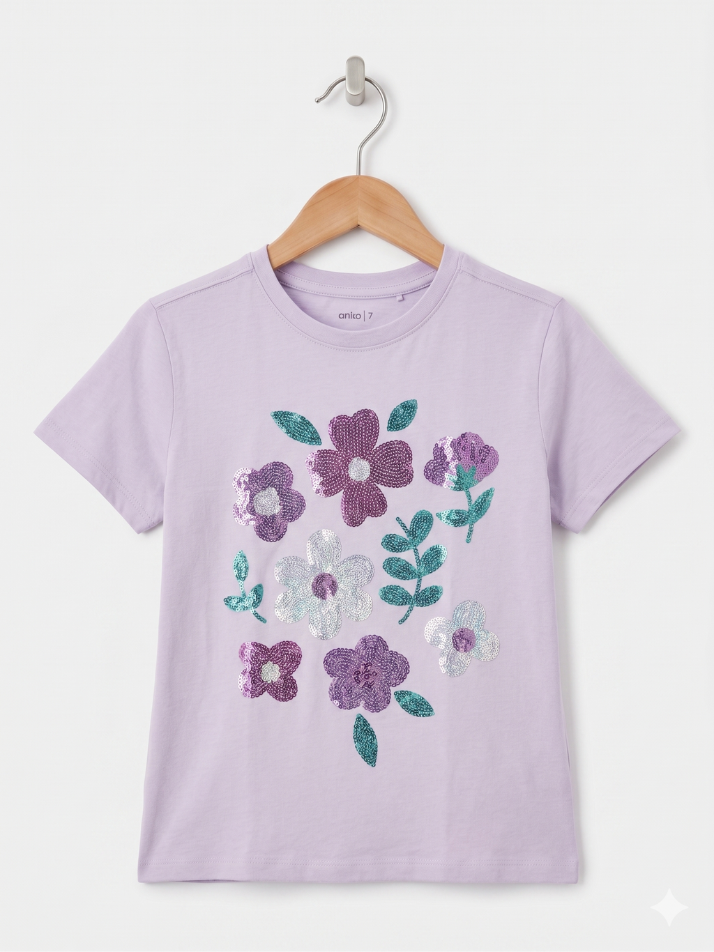 Anko Girls Lilac Floral Sequin Graphic Tee - Size Estimated Age 7Y AB1