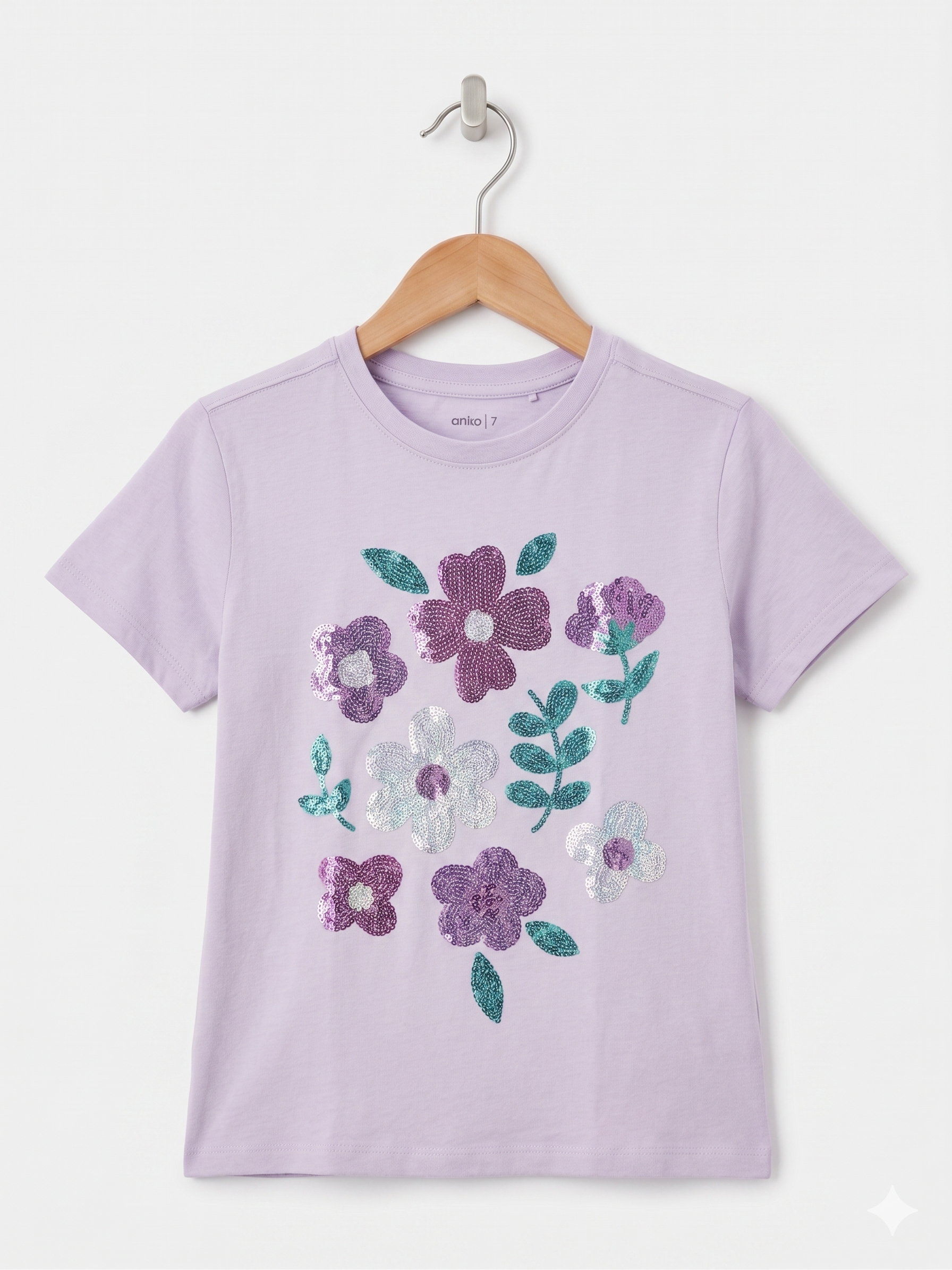Anko Girls Lilac Floral Sequin Graphic Tee - Size Estimated Age 7Y AB1