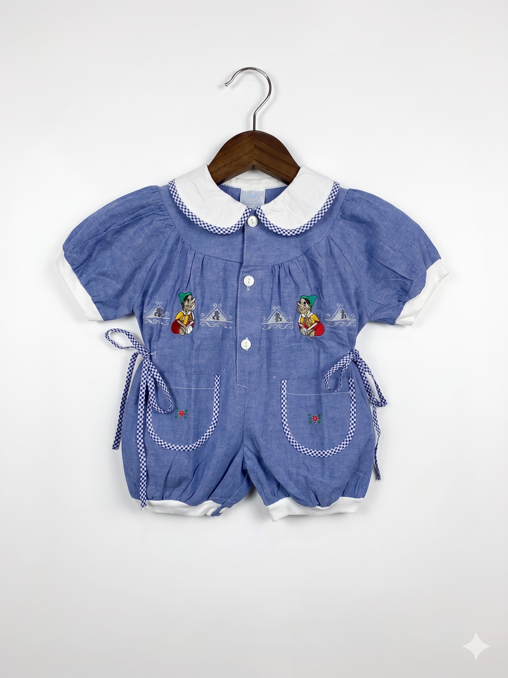 Artigianato Ricami Made in Italy Vintage Embroidered Blue Romper - Size 1 (Fits 1 Year Old) AB1