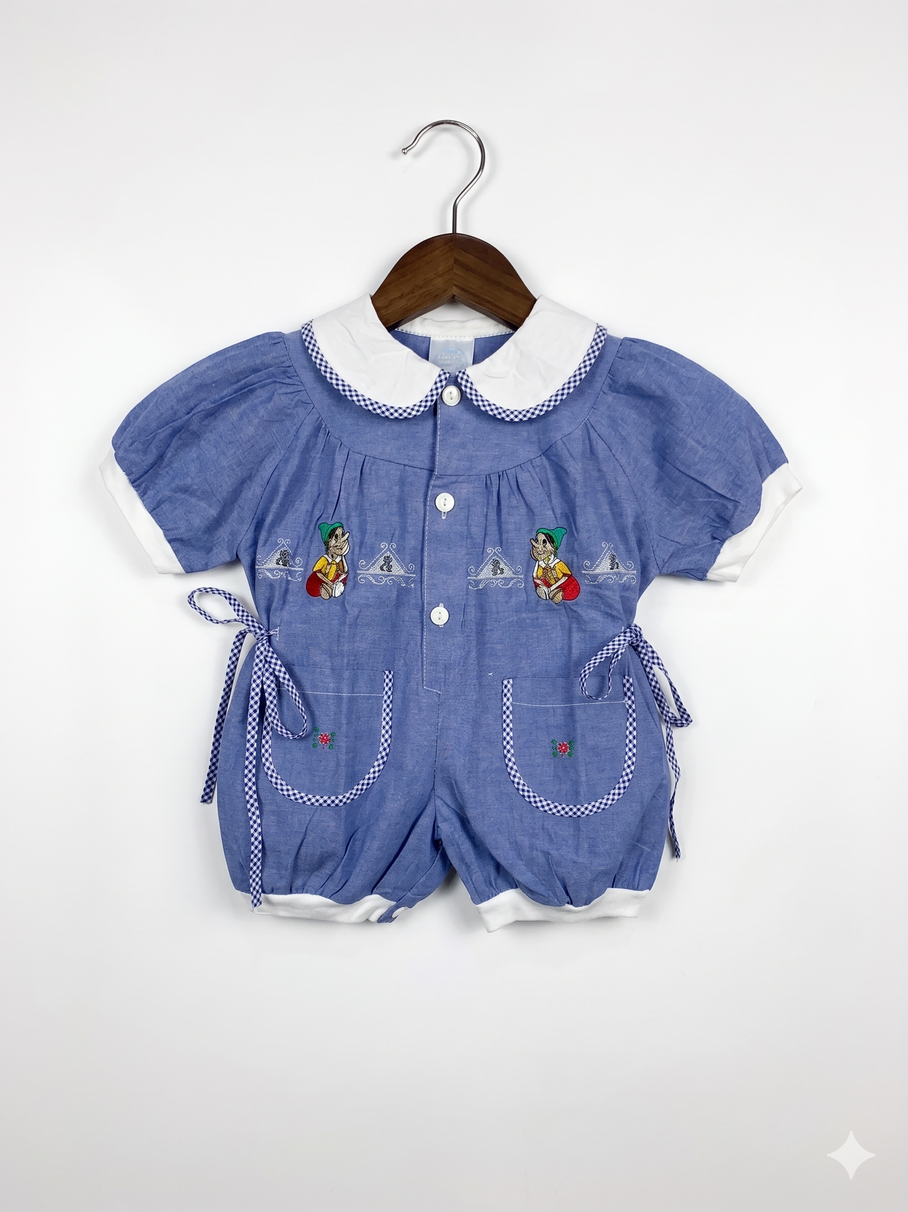 Artigianato Ricami Made in Italy Vintage Embroidered Blue Romper - Size 1 (Fits 1 Year Old) AB1