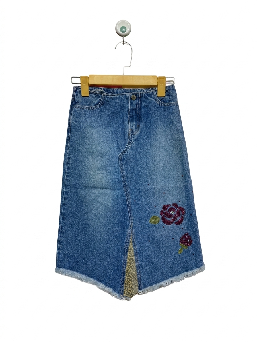GAP Girls Medium Wash Floral Embroidered Denim Midi Skirt - Size Estimated Age 7 Years AB1