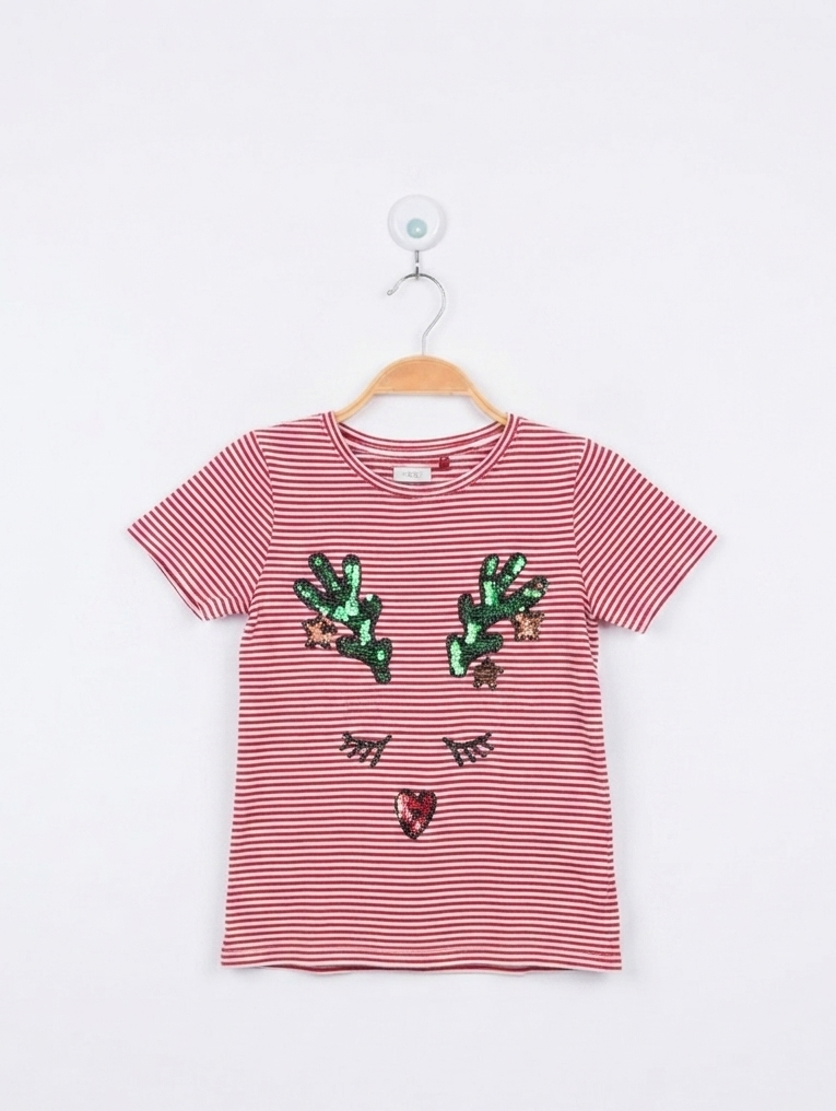 Next Girls Red & White Striped "Reindeer" Graphic Tee - Size 7 Years (Estimated Age 7 Years) AB2