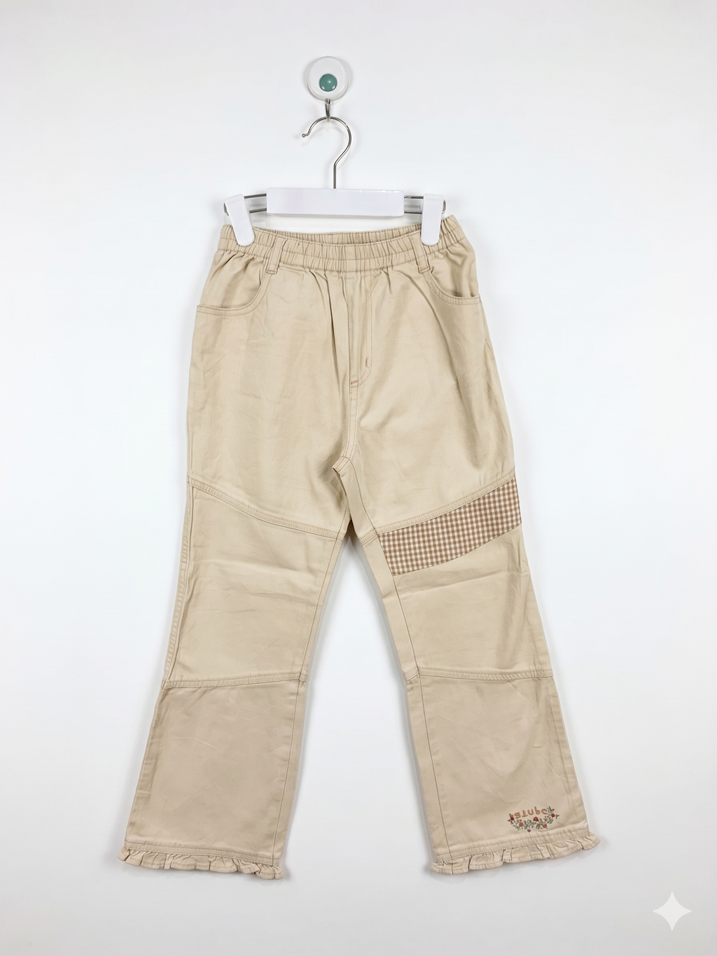 Dekubo Girls Beige Gingham Patchwork Ruffle Hem Trousers - Size 130 (Estimated Age 7-8Y) AB1