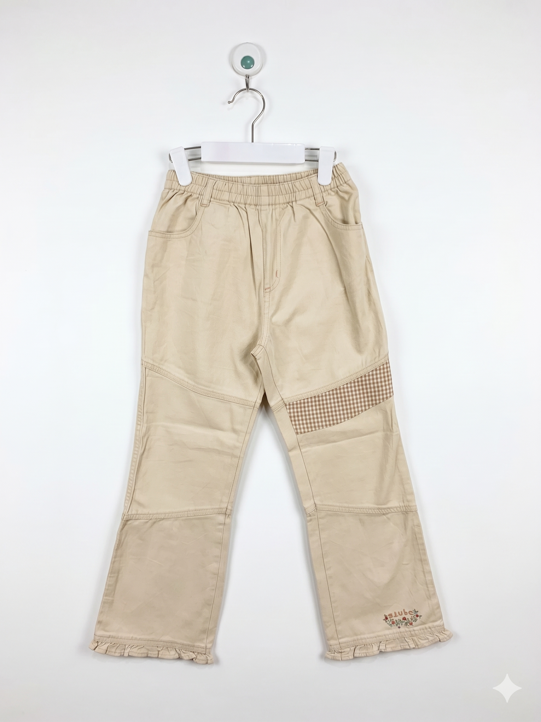 Dekubo Girls Beige Gingham Patchwork Ruffle Hem Trousers - Size 130 (Estimated Age 7-8Y) AB1