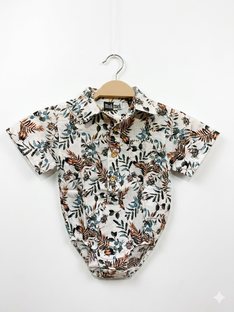 Mick Mack Ltd. Baby Boy Botanical Beetle Print Romper Shirt – 6/9 Months AB1
