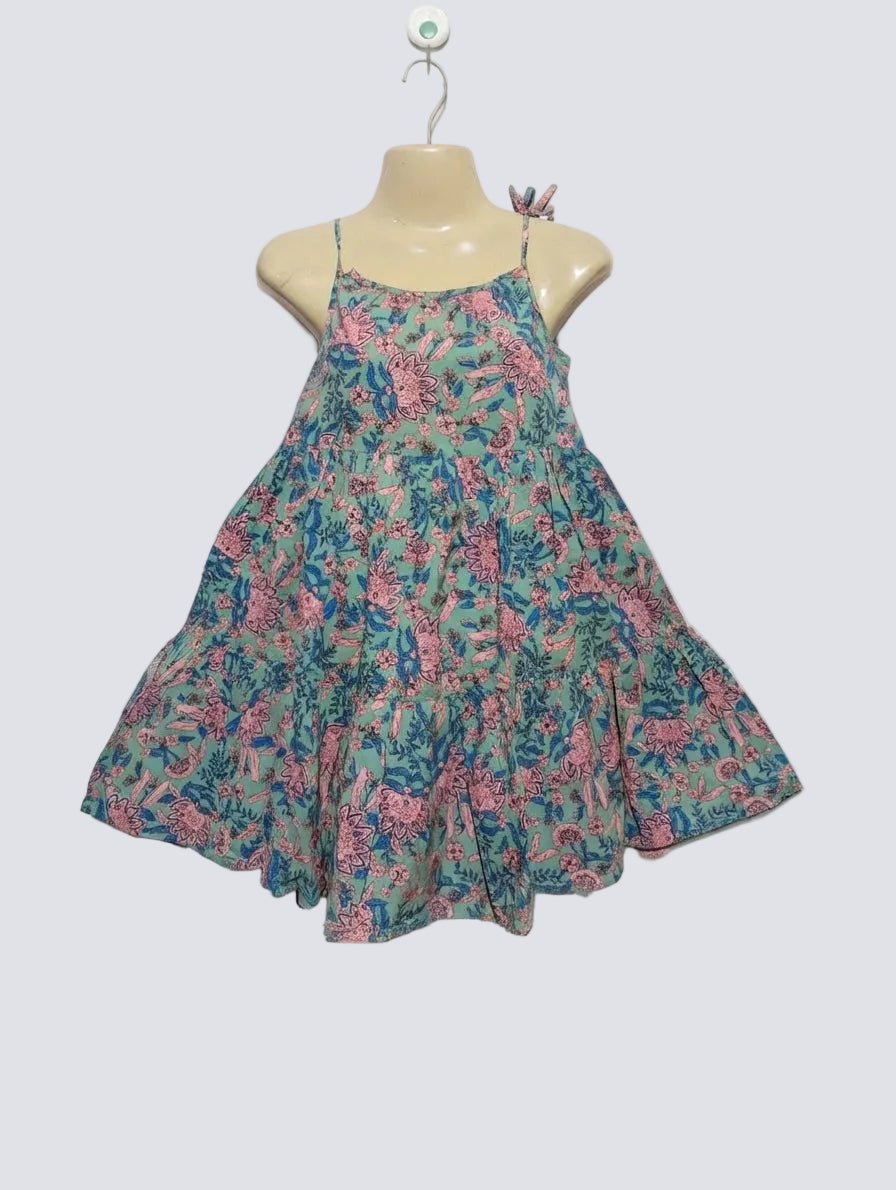 NEXT Girls Green Floral Block Print Tiered Sundress - Size Estimated Age 6-7 Years AB2