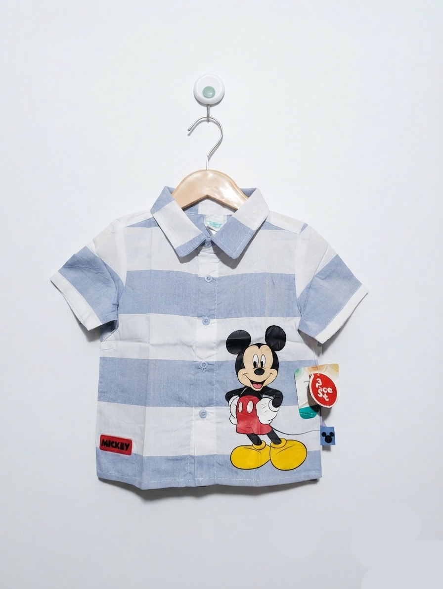 Disney Baby Boys Light Blue & White Striped Mickey Mouse Button-Down Shirt - Size Estimated Age 18M AB2