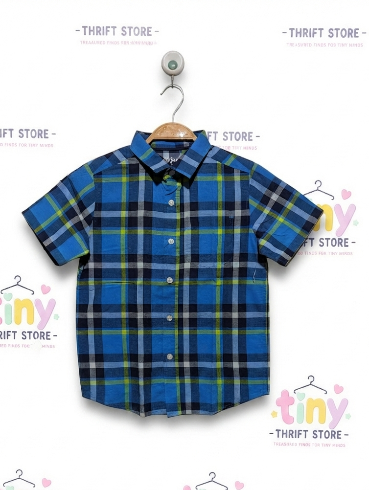 CAT & JACK Boys Blue and Lime Plaid Short Sleeve Button-Down Shirt - Size S (6-7), Estimated Age 6-7 Years AB2