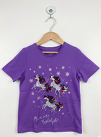 F&F Girls Purple "Move Over Rudolph" Sequin Unicorn Christmas Tee - Size Estimated Age 7-8 Years AB1
