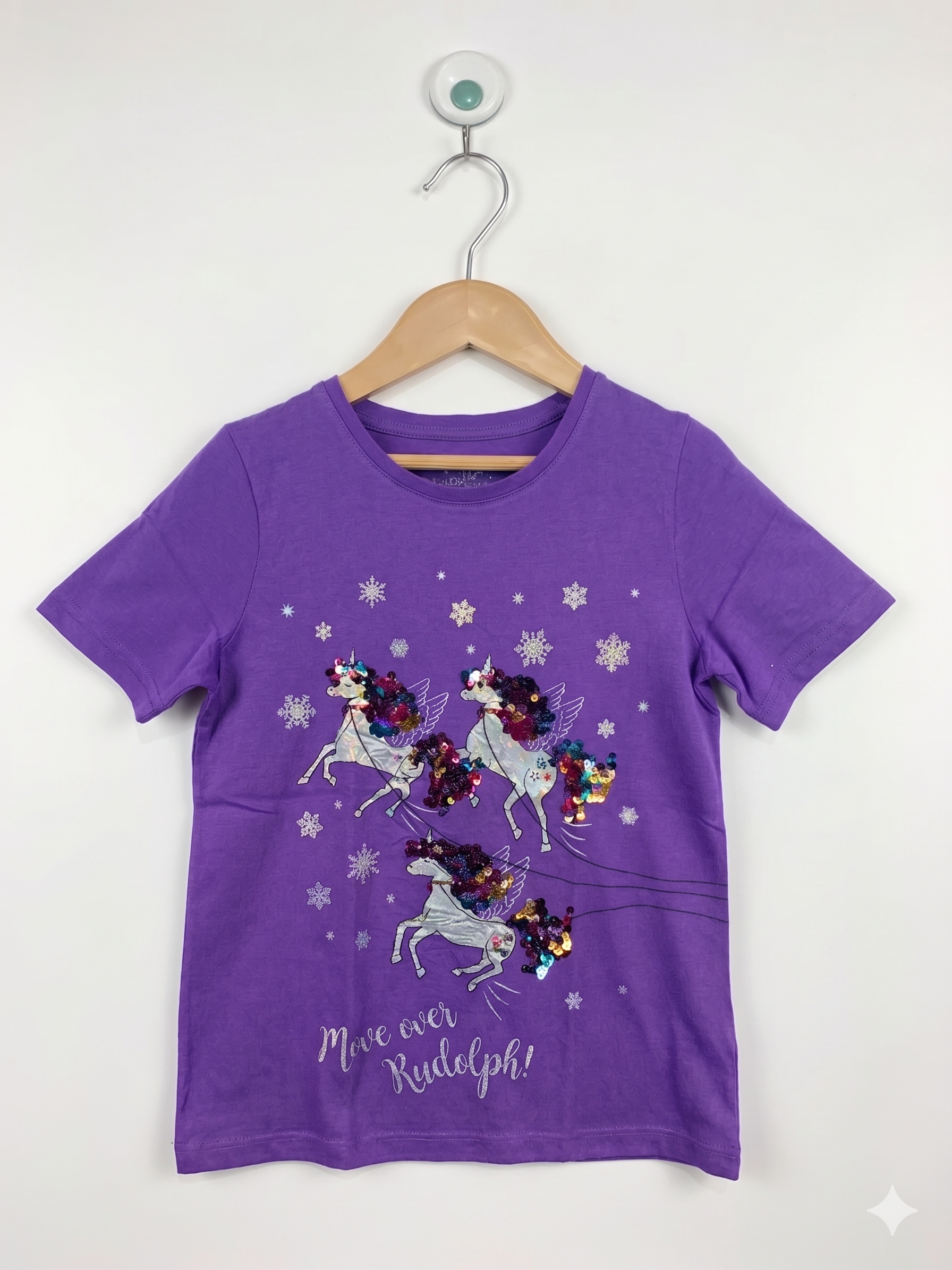 F&F Girls Purple "Move Over Rudolph" Sequin Unicorn Christmas Tee - Size Estimated Age 7-8 Years AB1