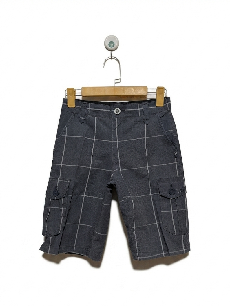 Hurley Boys Grey Plaid Cargo Shorts - Size 10 Estimated Age 9-10 Years AB2